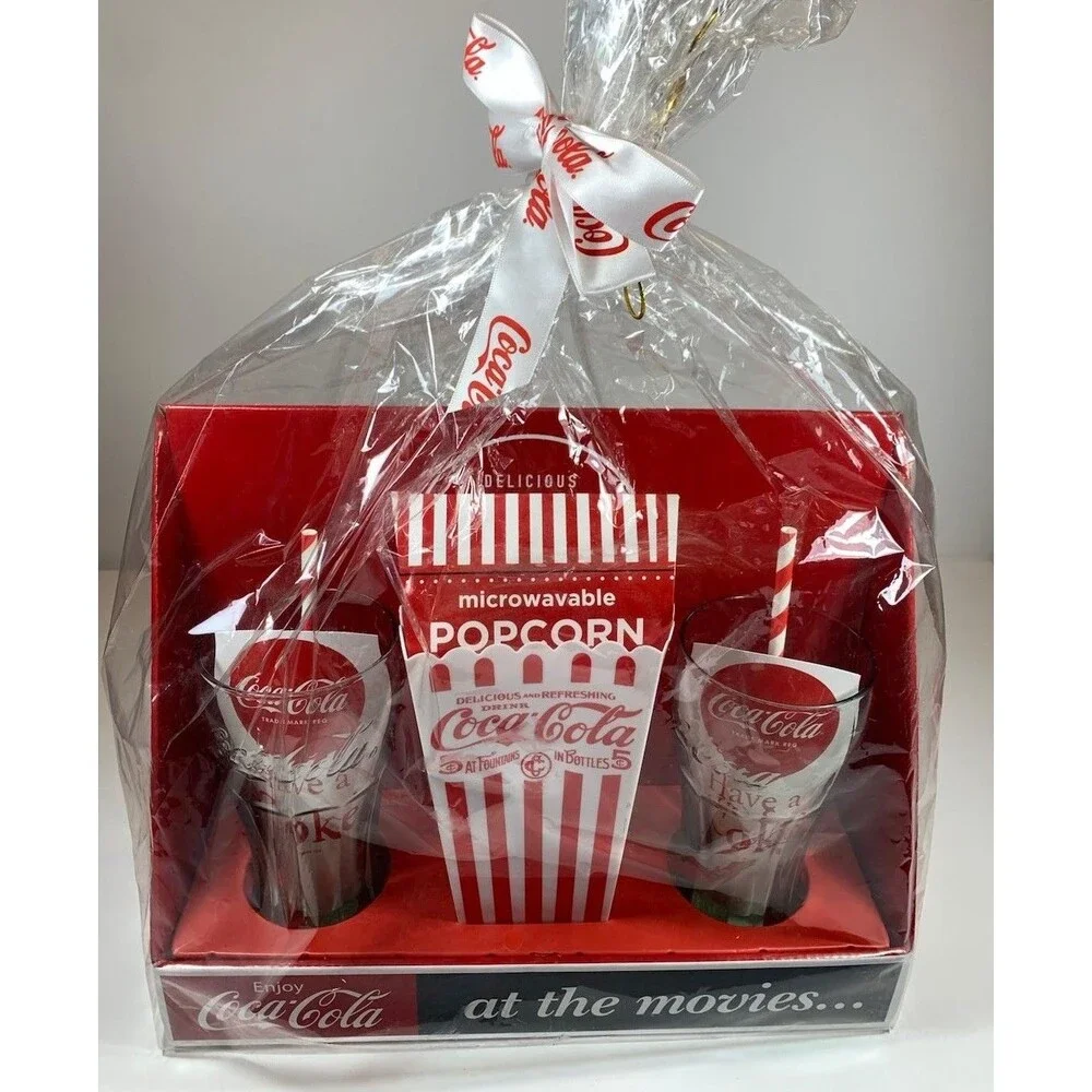 Coca-Cola At The Movies Gift Set Glass Glasses Cups Microwave Popcorn Vintage